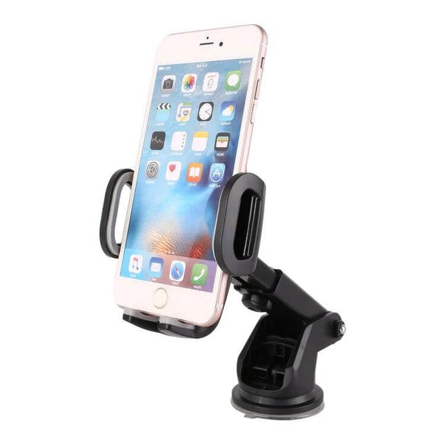 Universal Car Phone Holder with 360-Degree Rotation and Automatic Clamp mounted on dashboard holding smartphone securely