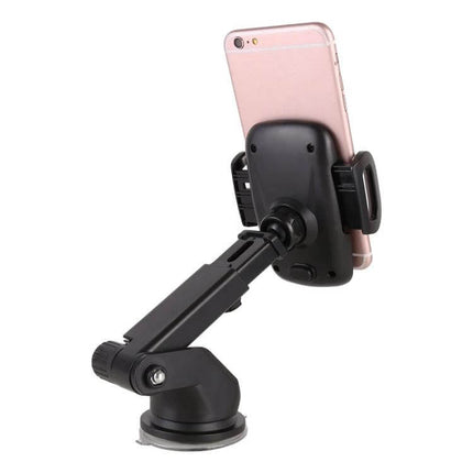 Universal Car Phone Holder with 360-Degree Rotation and Automatic Clamp showing smartphone mounted on adjustable arm and suction base