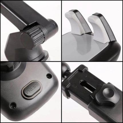 Universal Car Phone Holder with 360-Degree Rotation and Automatic Clamp close-up collage showing clamp, mounting arm, suction base and adjustment knob