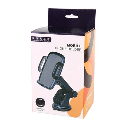 Universal Car Phone Holder with 360-Degree Rotation and Automatic Clamp shown in retail packaging, adjustable suction-mount mobile phone holder