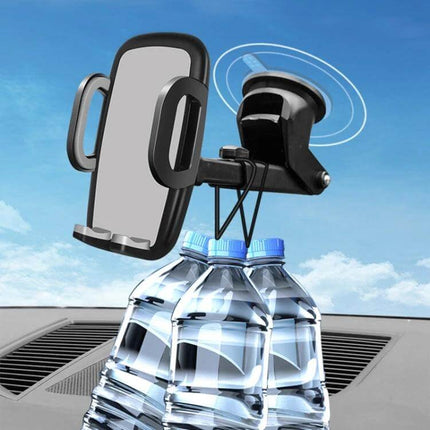 Universal Car Phone Holder with 360-Degree Rotation and Automatic Clamp mounted on dashboard with water bottles hanging to show strong grip