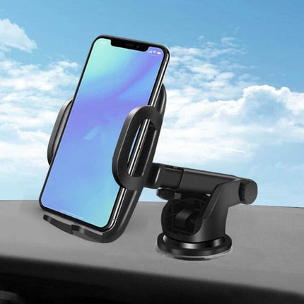 Universal Car Phone Holder with 360-Degree Rotation and Automatic Clamp mounted on dashboard holding a smartphone for hands-free GPS and calls
