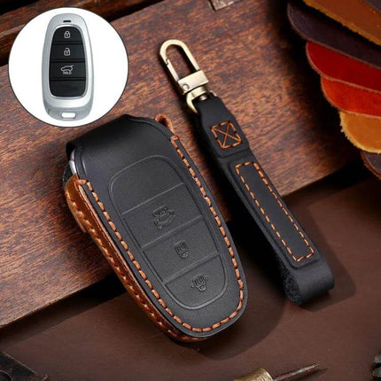 Hallmo Cowhide Leather Protective Case for Hyundai Keys shown in black leather with brown stitching and keyring strap