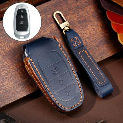 Hallmo Cowhide Leather Protective Case for Hyundai Keys in navy with brown stitching and keyring strap, protective fob cover