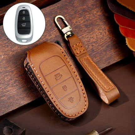 Hallmo Cowhide Leather Protective Case for Hyundai Keys in brown genuine leather key fob cover with strap