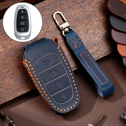 Hallmo Cowhide Leather Key Case for Hyundai 4-Button Keys - navy blue cowhide protective key fob cover with wrist strap