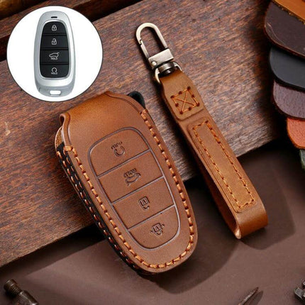Hallmo Cowhide Leather Key Case for Hyundai 4-Button Keys brown stitched leather protective key cover with strap