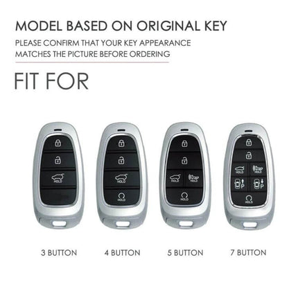 Hallmo Cowhide Leather Key Case for Hyundai 4-Button Keys shown fitting various Hyundai key models including 4-button design