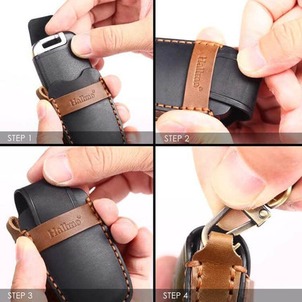 Hallmo Cowhide Leather Key Case for Hyundai 4-Button Keys showing step-by-step inserting and attaching key fob in brown leather cover