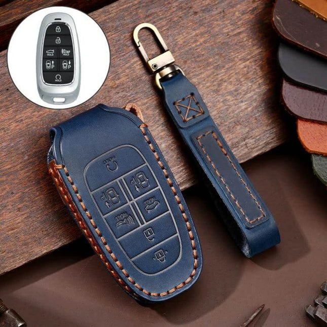 Hallmo Cowhide Leather Key Case for Hyundai 7-Button Keys in navy blue with stitched leather strap protecting key fob