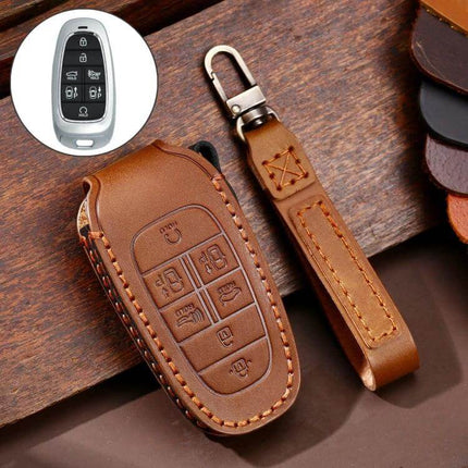 Hallmo Cowhide Leather Key Case for Hyundai 7-Button Keys soft brown leather protective key case with wrist strap