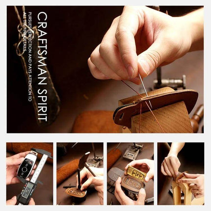 Hallmo Cowhide Leather Key Case for Hyundai 7-Button Keys handcrafted leatherworker stitching and finished key case shown with tools