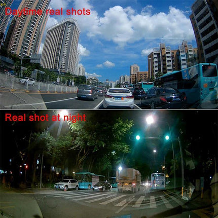 Z30 GPS Panoramic Dash Cam for Everyday Driving Security showing daytime and night traffic wide-angle road footage