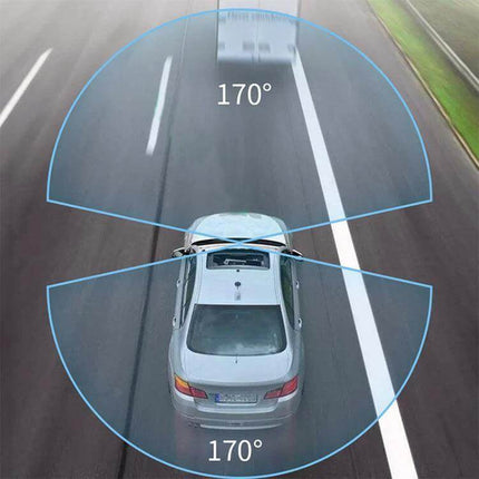 Z30 GPS Panoramic Dash Cam for Everyday Driving Security showing 170° front and rear wide-angle coverage over a car on highway
