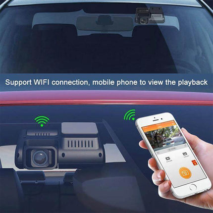 Z30 GPS Panoramic Dash Cam for Everyday Driving Security mounted on windshield with smartphone playback via WiFi, showing 2160P UHD footage