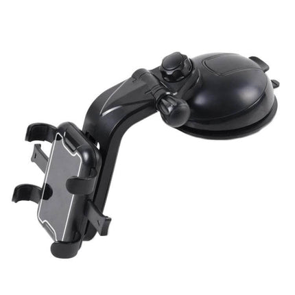 Universal Black Suction Cup Car Phone Holder for Easy Access mounted on windshield showing adjustable arm and secure phone grip