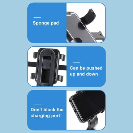 Universal Black Suction Cup Car Phone Holder for Easy Access showing sponge pad, adjustable push up/down arms, and phone not blocking charging port