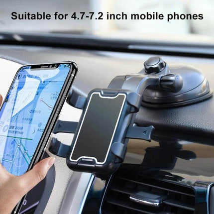 Universal Black Suction Cup Car Phone Holder for Easy Access mounted on dashboard holding smartphone for navigation