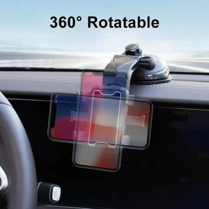 Universal Black Suction Cup Car Phone Holder for Easy Access mounted on dashboard showing 360° rotatable hands-free phone positioning