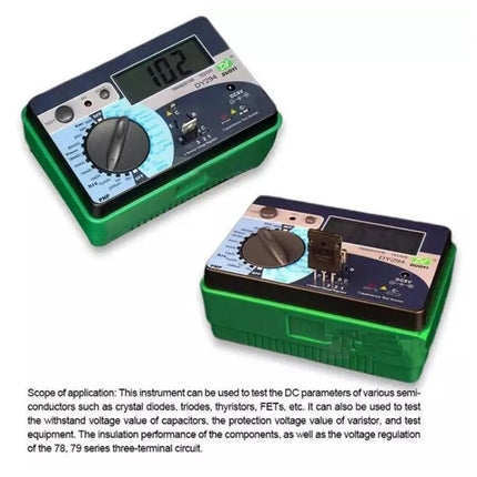 DUOYI Tool for Home Electronics Troubleshooting Essentials handheld component tester showing dial, LCD reading and test sockets for diodes, transistors and capacitors