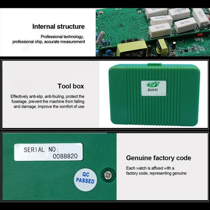 DUOYI Tool for Home Electronics Troubleshooting Essentials green toolbox, circuit board close-ups and QC passed serial label