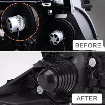 Universal Headlight Soft Rubber Dust Cover, 70-100cm Inner Diameter installed on headlight showing before (open bulb) and after (sealed)