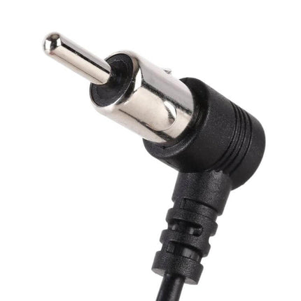 Universal Car Radio Antenna Extension Cable for Vehicles showing close-up angled metal RCA-style connector on black cable