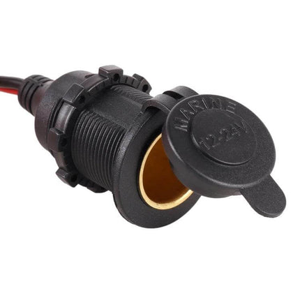 Car Cigarette Lighter Socket Plug With Cover For Safe Power Access — black 12V marine-style socket with protective cap and gold interior, plug-and-play