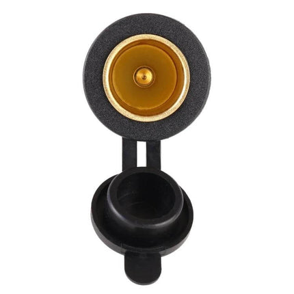 Car Cigarette Lighter Socket Plug With Cover For Safe Power Access - top view of 12V plug with protective dust cover, gold contact and fuse-ready design
