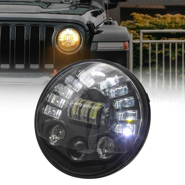 7-Inch Matrix Gradient LED Headlights for Jeep Wrangler shown installed on black Jeep with bright white driving light and amber turn signal