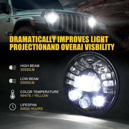 7-Inch Matrix Gradient LED Headlights for Jeep Wrangler showcasing bright white driving light, amber turn signals, high/low beam specs and lifespan