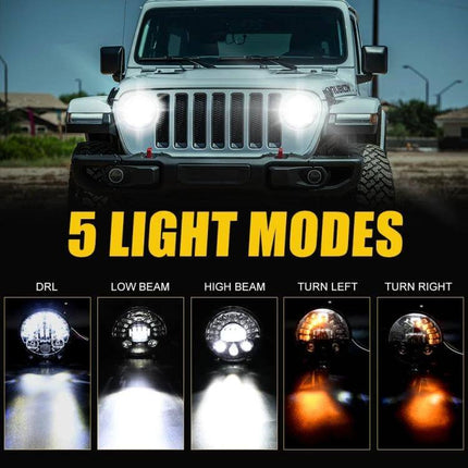 7-Inch Matrix Gradient LED Headlights for Jeep Wrangler installed on front of Jeep showing 5 light modes: DRL, low beam, high beam, turn left, turn right