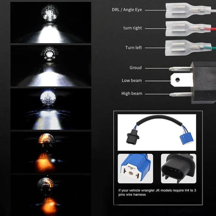 7-Inch Matrix Gradient LED Headlights for Jeep Wrangler showing beam patterns, amber turn signals, DRL angle eye, and wiring harness details