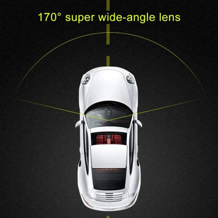 Dash Cam with Night Vision for Everyday Driving Recordings showing 170° super wide-angle view over a white car, highlighting broad road coverage
