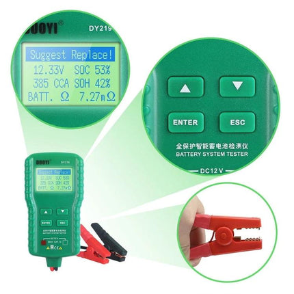 DUOYI Device for Routine Car Battery Checks in Daily Maintenance handheld battery tester showing display, buttons and clamp