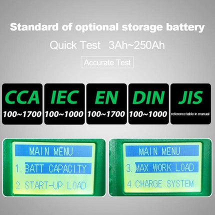 DUOYI Device for Routine Car Battery Checks in Daily Maintenance showing CCA IEC EN DIN JIS ranges and main menu battery capacity/start-up load