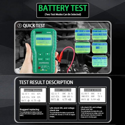 DUOYI Device for Routine Car Battery Checks in Daily Maintenance handheld battery tester showing quick test screen and clips