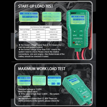 DUOYI Device for Routine Car Battery Checks in Daily Maintenance handheld lead-acid battery tester showing start-up load and maximum work load test screens