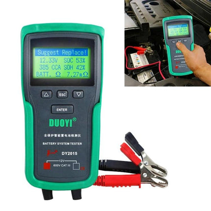DUOYI Tool for Daily Car Battery Maintenance Checks handheld battery tester showing battery health and clamps