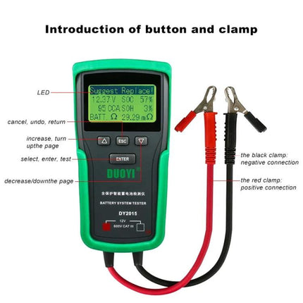 DUOYI Tool for Daily Car Battery Maintenance Checks handheld battery tester with red and black clamps for routine vehicle battery checks