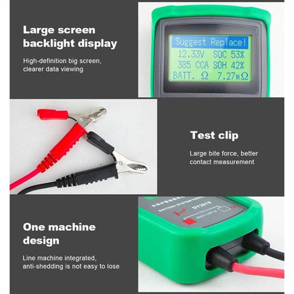 DUOYI Tool for Daily Car Battery Maintenance Checks showing large backlit screen, test clips and compact green housing for quick battery diagnostics