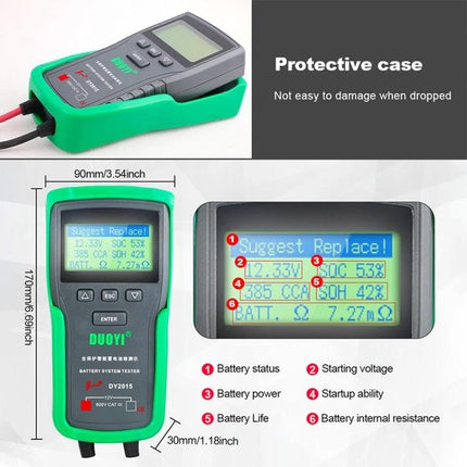DUOYI Tool for Daily Car Battery Maintenance Checks handheld lead-acid battery tester with protective green case and LCD status display