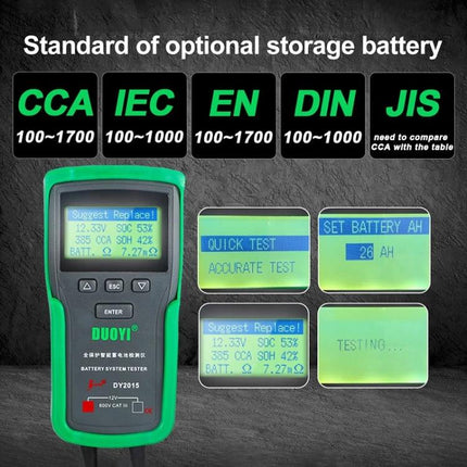 DUOYI Tool for Daily Car Battery Maintenance Checks handheld battery tester displaying CCA IEC EN DIN JIS standards and LCD test results
