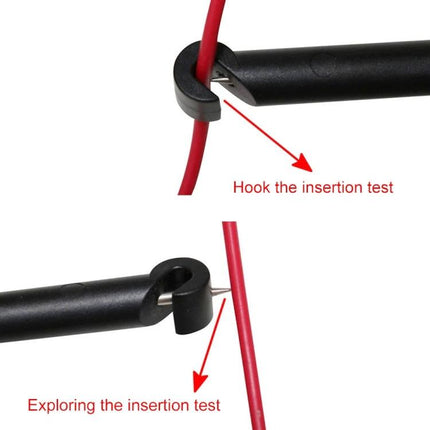 DUOYI Test Pen for Everyday Car Electrical Checks probing a red wire with hooked insertion tip for quick vehicle diagnostics