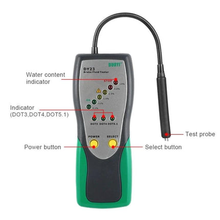 DUOYI Brake Fluid Tester for Everyday Vehicle Checks - handheld folding elbow tester with probe, DOT3/DOT4/DOT5.1 indicators and water content LEDs