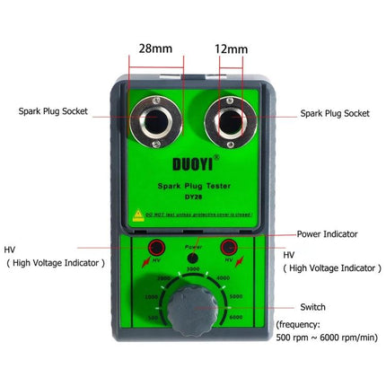 DUOYI Tool For Routine Car Maintenance Spark Plug Checks green dual-socket spark plug tester for 12V vehicles, labeled sockets and high-voltage indicators