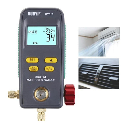 DUOYI Refrigerant Meter for Routine Car Air Conditioning Maintenance - handheld digital manifold gauge showing pressure reading and car AC vents