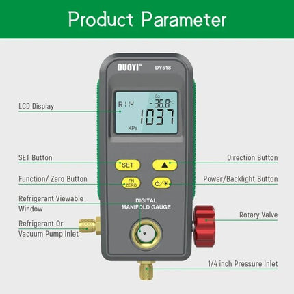 DUOYI Refrigerant Meter for Routine Car Air Conditioning Maintenance showing DY518 digital manifold gauge with LCD, buttons, rotary valve and pressure inlets
