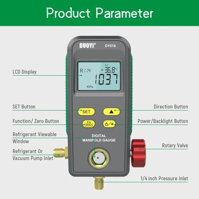 DUOYI Refrigerant Meter for Routine Car Air Conditioning Maintenance showing DY518 digital manifold gauge with LCD, buttons, rotary valve and pressure inlets