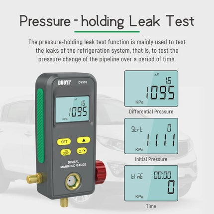 DUOYI Refrigerant Meter for Routine Car Air Conditioning Maintenance - digital manifold gauge showing pressure-holding leak test readings